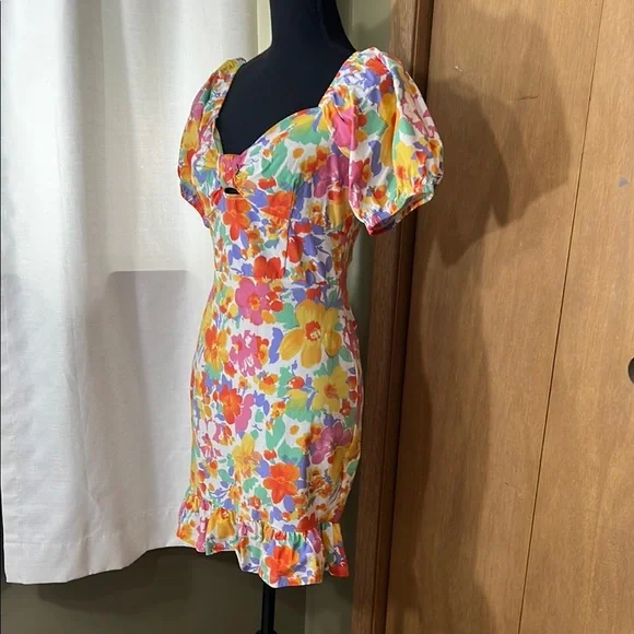 Colorful Floral Puff Sleeve Dress - Picture 2 of 4